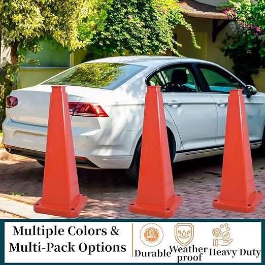 BESEA 6 Pack 36" Bright Orange Traffic Safety Cones with Weighted Base, High-Visibility Parking Cones for Driveways, Business Parking Lots, Garages, Indoor/Outdoor Use