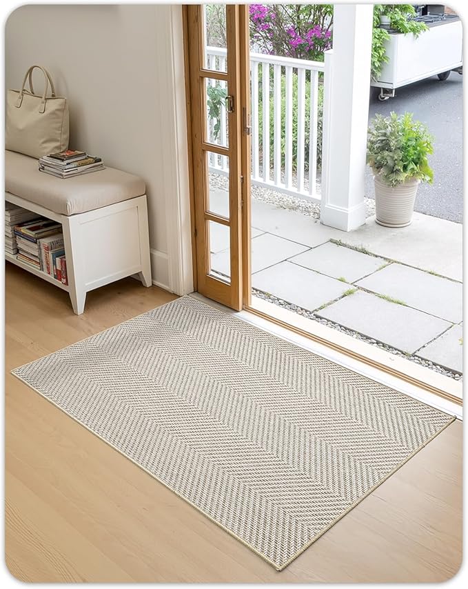 Color&Geometry Extremely White Beige Ultra Thin Indoor Door Mat 48"x72", Machine Washable Front Door Mat Non Slip, Low Profile Entrance Mat Indoor, Absorbent Carpet for Inside, Entry, Entryway (FOLD)