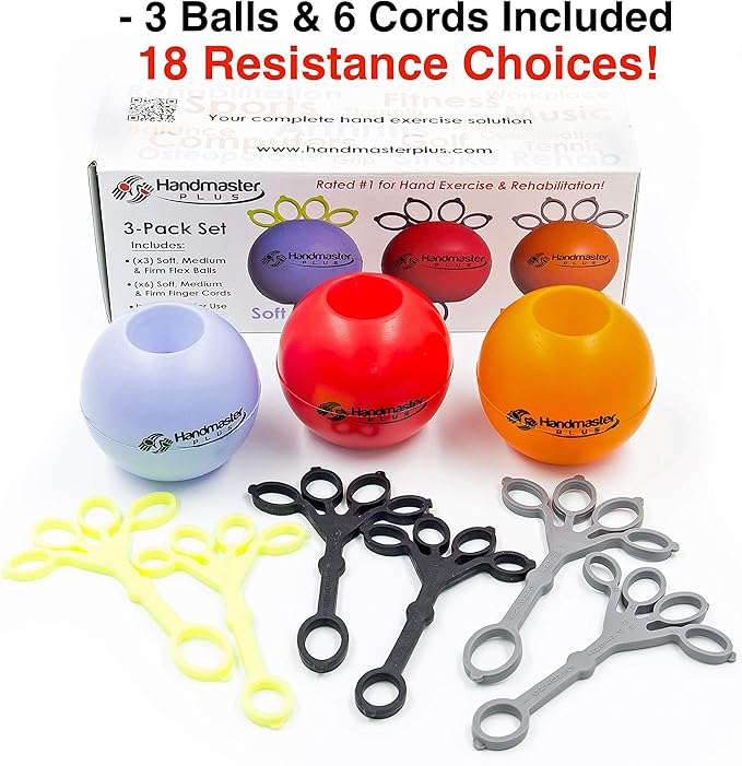 Handmaster Plus Physical Therapy Hand Exerciser - Forearm Exerciser with Stress Relief Ball - Hand Therapy Balls for Training - Finger Exerciser & Strengthener - Multicolored Balls, (9 Piece Set)
