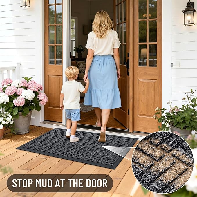 OLANLY Front Door Mat Outside Entrance 71x47, Absorbent, Heavy Duty Sturdy Natural Rubber Doormat Indoor Outdoor, Non-Slip, Stain and Fade Resistant, Low Profile Floor Mat for Entryway, Black Gray