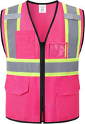Reflective Safety Vest for Men Women Hi Vis Vest with Pockets High Visibility Vest Mesh Construction Vests Meets ANSI/ISEA Standards (Pink-33, Medium)