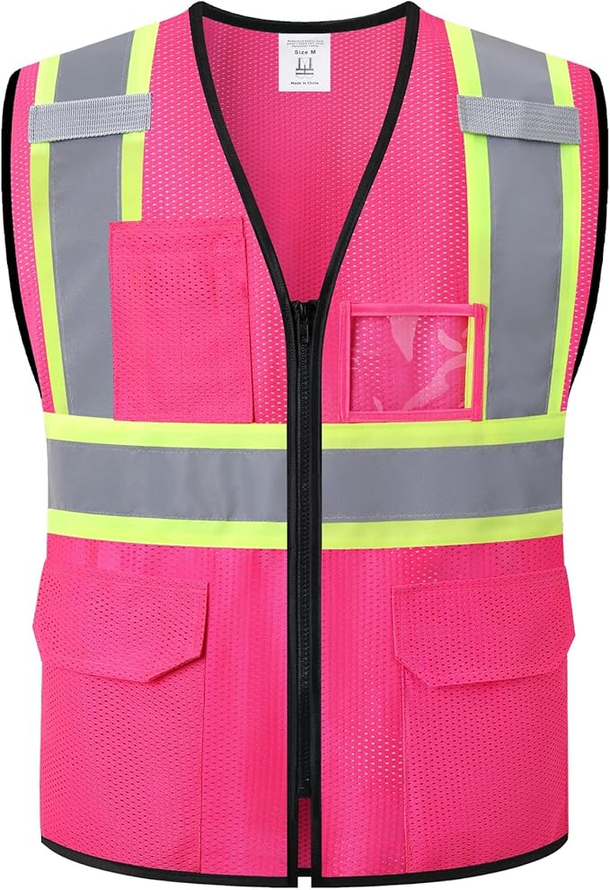 Reflective Safety Vest for Men Women Hi Vis Vest with Pockets High Visibility Vest Mesh Construction Vests Meets ANSI/ISEA Standards (Pink-33, Medium)