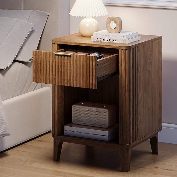 Mid Century Modern Night Stand Set of 2, Large Bedside Table Set of 2 with Drawer and Storage Shelf, Fluted Nightstands Rustic Wood End Table for Living Room Walnut