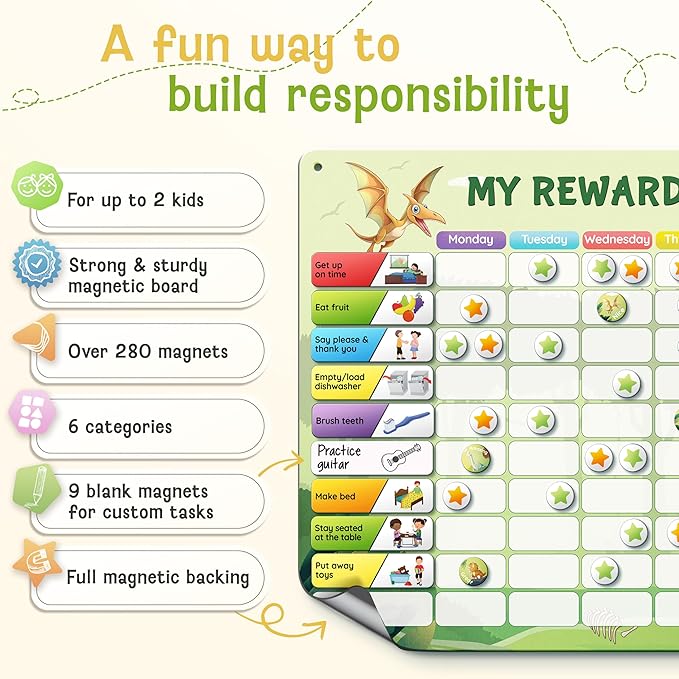 Magnetic Reward Chart for Kids with 280 Magnets - Behavior Chart for Kids at Home - Responsibility Reward Chart - Chore Chart - Visual Schedule - Ideal for Ages 3-9, Autism, ADHD - Green