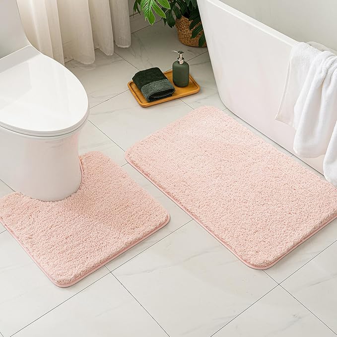 MIULEE Pink Toilet Rug U Shaped for Bathroom - Soft and Absorbent Microfiber Contour Bath Rugs for Toilet, Non Slip Rubber Backside for Extra Safety, Machine Washable - Blush, 20''x24''