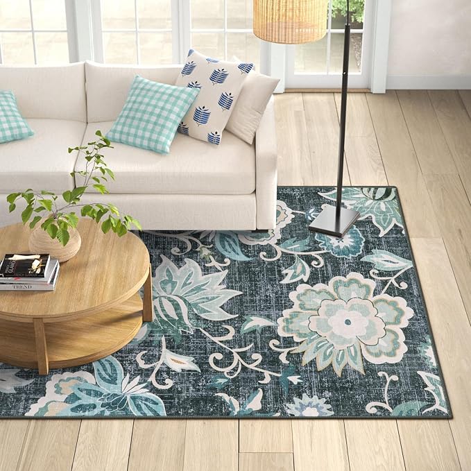 Beeiva Floral Area Rug for Bedroom, 4x6 Rug Paisley Vintage Blue Rug for Bedroom Ultra Thin Living Room Area Rug, Non Slip Machine Washable Area Rugs for Entryway Bathroom