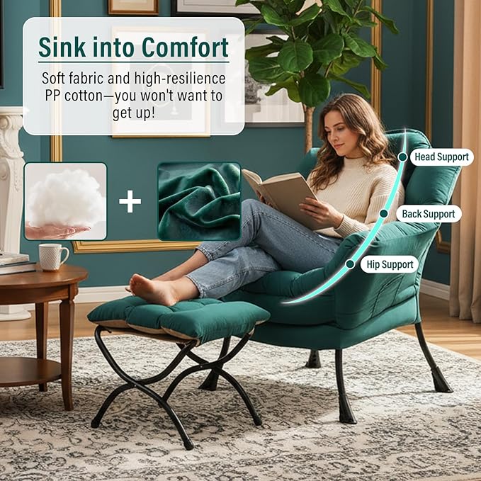 Oversized Chair with Ottoman, Modern Chair with Folding Footrest, Lounge Accent Chair, Comfortable Reading Chair for Bedroom, Study, Living Room, Courtyard (Velvet Dark Green
