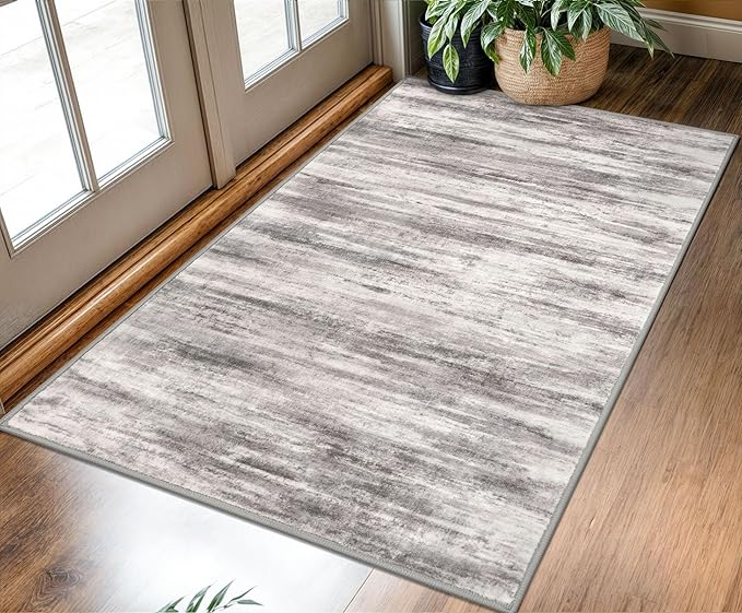 KOZYFLY Abstract Modern Washable 3x5 Area Rug Non-Slip Large Kitchen & Entryway Rug, Grey Beige Throw Rugs Indoor Mat for High-Traffic Door Entrance, Laundry, Nursery, Soft Bedroom Living Room Accent
