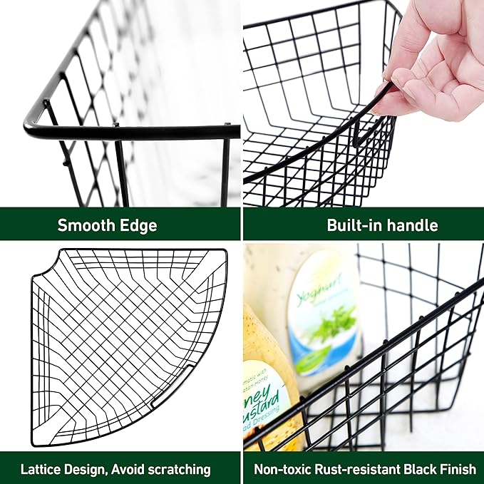 Leeden Lazy Susan Wire Storage Organizer Basket with Handle-Metal Cabinet Storage Bins -Kitchen Cabinet Organizer-1/4 Wedge Can Organizer Black (for 24" Lazy Susan, 4 Pack)