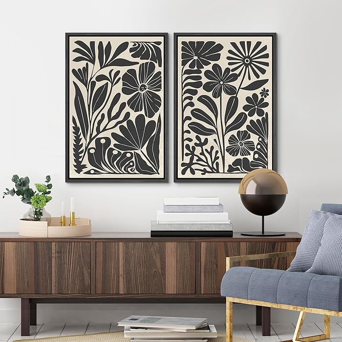 MUDECOR Framed Canvas Wall Art Abstract Floral Botanical Prints Minimalist Modern Art Boho Wall Decor for Bedroom - 24"x36"x2 Black