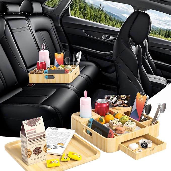 Couch Cup Holder, Couch Caddy Car Cup Holder Tray Serving Tray Large Capacity Multi-Surface Wooden Trays for Bed, Car, Picnic, Drinks, Snacks, Remote, Cell Phone, Headphones (Solid Pine Wood)