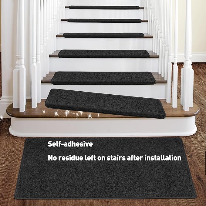 PURE ERA Bullnose Carpet Stair Treads Set Tape Free Non-Slip Indoor Stair Protectors Pet Friendly Rugs Covers Soft Skid Resistant Washable Reusable 9.5" x 30"(2 Pieces,Black)
