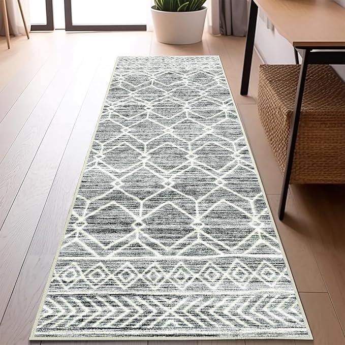 jinchan Moroccan Runner Rug 2x6 - Kitchen Machine Washable Runner Rug Modern Geometric Low-Pile Lightweight Non-Slip Carpet for Entryway Hallway Laundry Room Bedroom Bedside (2x6ft, Grey)