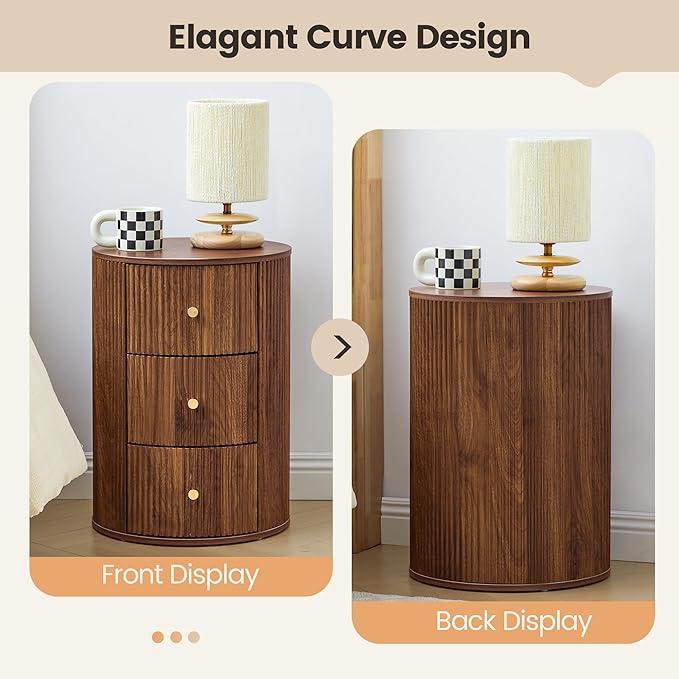 End Table with Charging Station for Couch,Mid-Century Modern Narrow Sofa Side Table with Drawer for Living Room,Small Bed Side Table for Bedroom (Walnut-Round, 1 PC)