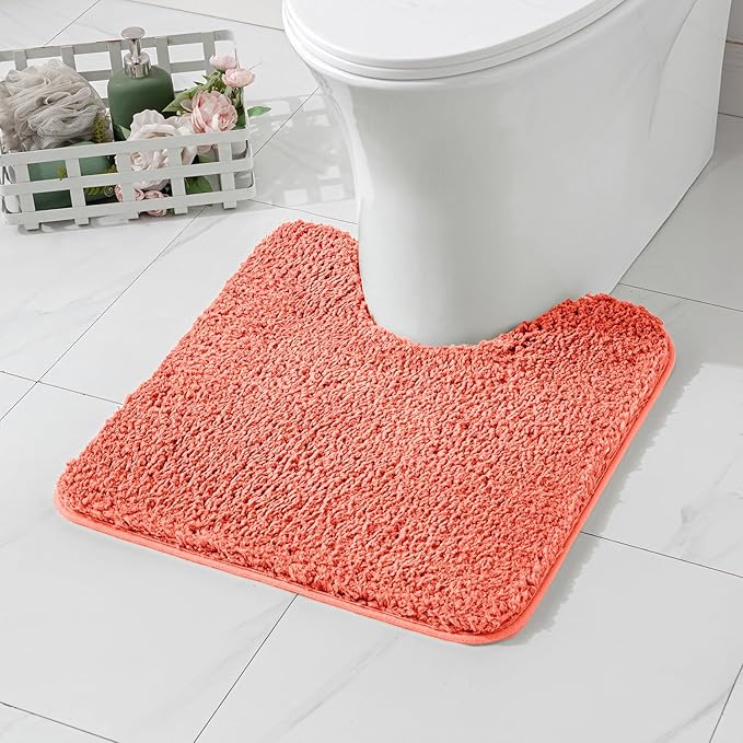 MIULEE Microfiber Toilet Bath Mat U-Shaped Contour Shaggy Rugs Non Slip Extra Thick Soft Absorbent Water for Bathroom Commode Machine Washable(20x20 Inch, Living Coral)