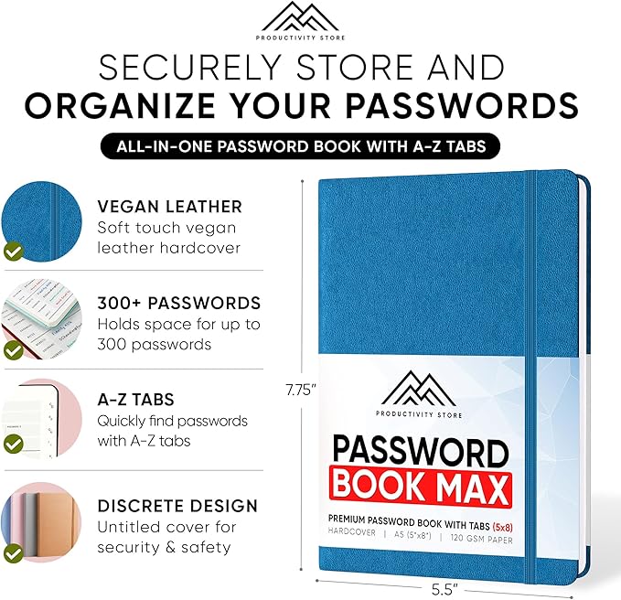 PRODUCTIVITY STORE Best Password Book with Alphabetical Tabs | Password Book, Organizer & Notebook | Password Keeper to Keep Website Logins & Passwords Safe | Navy Blue | Medium 5x8