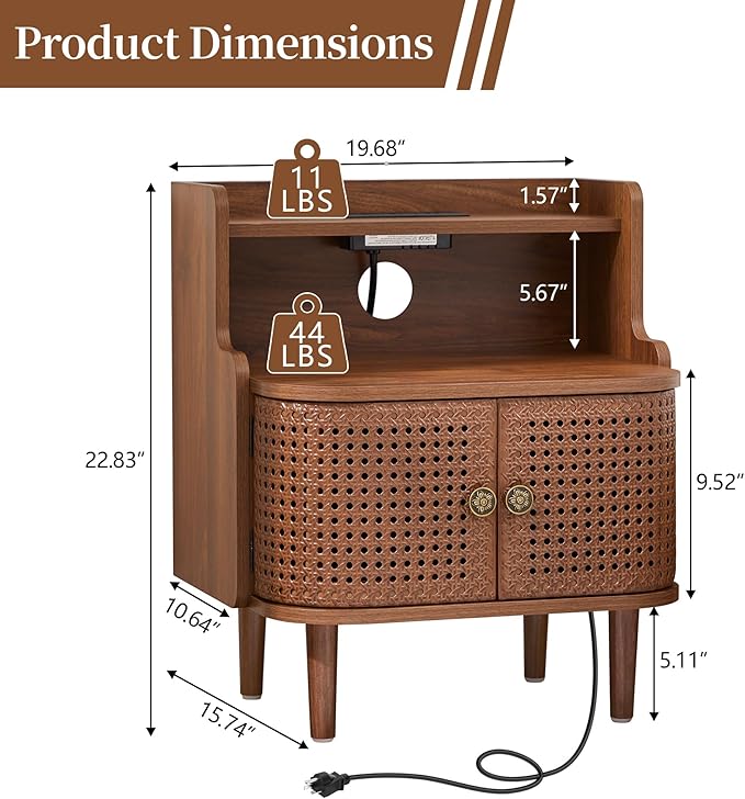 Metal Rattan End Table with Charging Station, Mid Century Modern Nightstand with 2 Doors, Bed Side Table with Storage for Couch,Living Room,Small Spaces, Sofa Side Table for Office,Dorm - Walnut