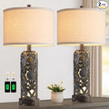 RORIANO 25'' Set of 2 Rustic Table Lamp for Bedroom Living Room with 2 USB Ports, Farmhouse Vintage Resin Nightstand Lamp with Nightlight, Antique Retro Desk Lamp for Entryway, 2 Bulbs Included