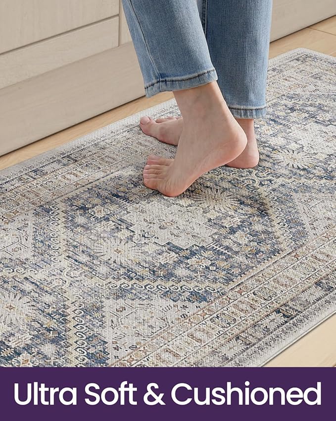 DEXI Kitchen Floor Mats Anti Fatigue, 17x29+17x59 Large Cushioned Runner Rug Waterproof, Standing Comfort Memory Foam Padded for Front Sink Laundry Office Set of 2, White