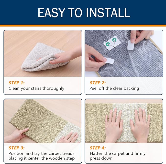 OLANLY Stair Treads Non Slip 4PCS, 8" x 30" Indoor Stair Runners for Wooden Steps, Edging Stair Rugs with Reusable Peel and Stick Adhesive for Kids Elders and Pets, Beige