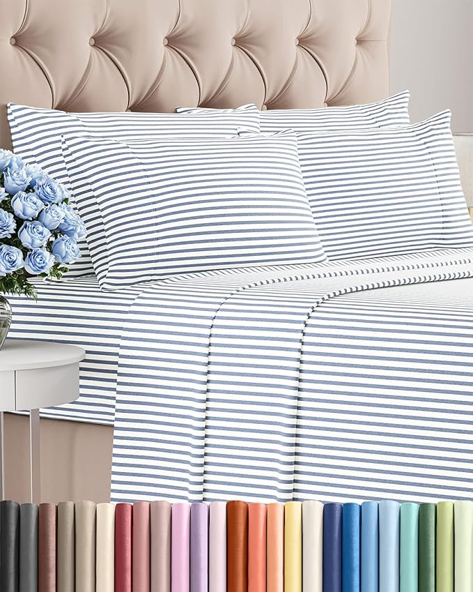 King 6 Piece Sheet Set - Cooling & Breathable Bed Sheets - Hotel Luxury Bed Sheets for Women, Men, Kids & Teens - Bedding w/Deep Pockets & Easy Fit - Soft & Wrinkle Free - King Blue Stripes Sheets