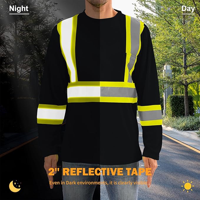 Hi Vis Safety Long Sleeve Shirts，High Visibility Class 3 T Shirts with Reflective Strips and Pocket, Quick Dry Mesh Construction Work Shirt for Men/Women (Black,2XL)