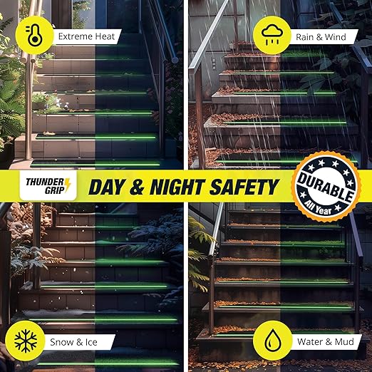 Grip Tape for Stairs 30" x 6" - 12-Pack Glow in The Dark Outdoor Stair Treads Non-Slip Weather Resistant - Anti Slip Tape for Exterior Wooden Steps - Waterproof 80-Grit Adhesive Treads