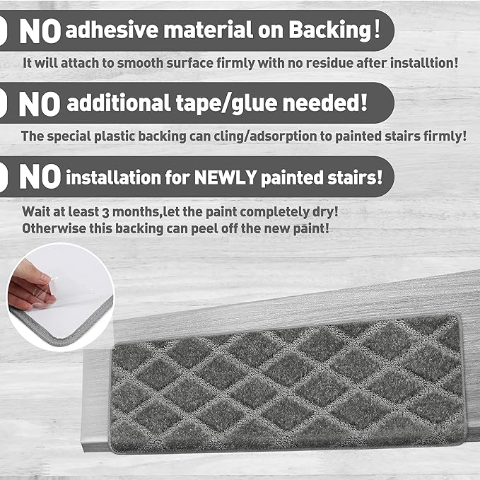 PURE ERA Bullnose Carpet Stair Treads Set Tape Free Non-Slip Indoor Stair Protectors Pet Friendly Rugs 9.5" x 30"(7 Pieces,Grey Diamond Trellis)