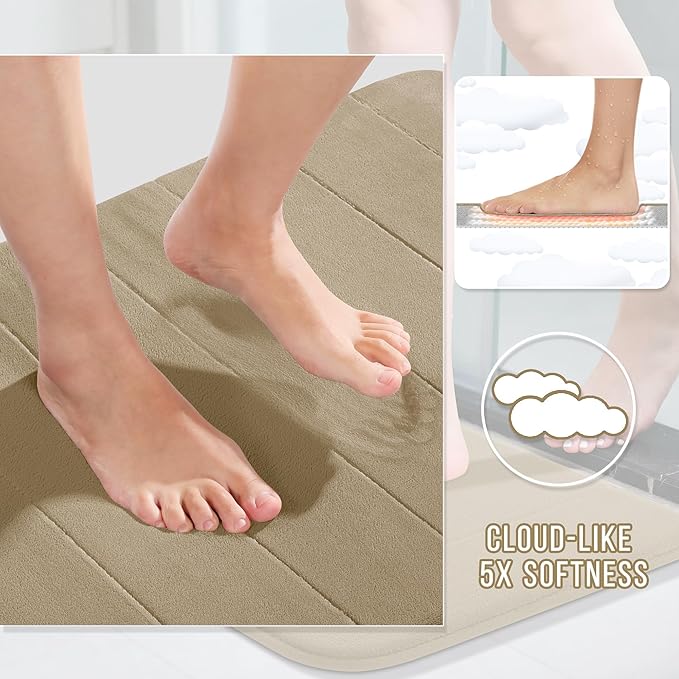 Yimobra Memory Foam Bathroom Rugs Sets 2 Piece - Super Soft Absorbent Quick Dry Bath Mat Set, Machine Washable Non Slip Floor Carpet for Tub Shower & Single Sink (17x24 & 31.5x20 Inch, Pale Khaki)