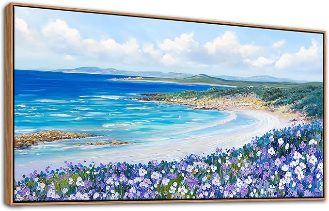 Mofutinpo Coastal Beach Wall Art Large Purple Flower Landscape Canvas Wall Art for Living Room & Bedroom Decor, Framed Blue Beach Pictures & Paintings for Walls,Ocean Artwork for Home & Office 20x40IN