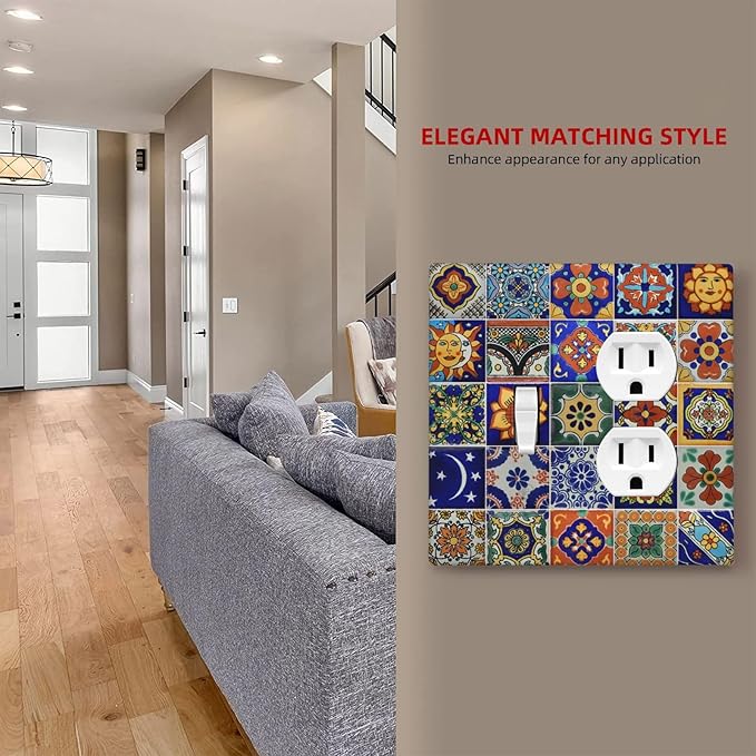 Wallplates Mid Century Talavera Shaped Tiles 1 Toggle 1 Duplex Switch Plate Electrical GFCI Faceplate Decorative Light Switch Covers for Bedroom Bathroom Decor