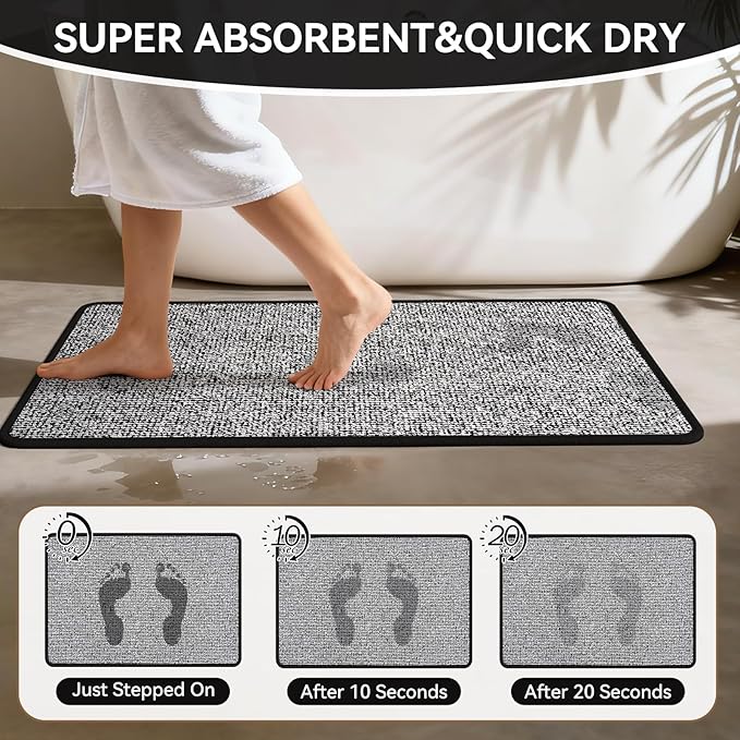 16"x24" Absorbent Quick Dry Bath Mats, Non-Slip Rubber Backing Bathroom Rug, Washable Bath Rugs for Bathroom Floor, Sink and Outside Shower, Low Pile Rug Fit Under Door, Minimalism, Black