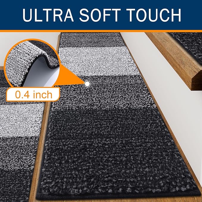OLANLY Stair Treads Non Slip 15PCS, 8" x 30" Indoor Stair Runners for Wooden Steps, Edging Stair Rugs with Reusable Peel and Stick Adhesive for Kids Elders and Pets, Black
