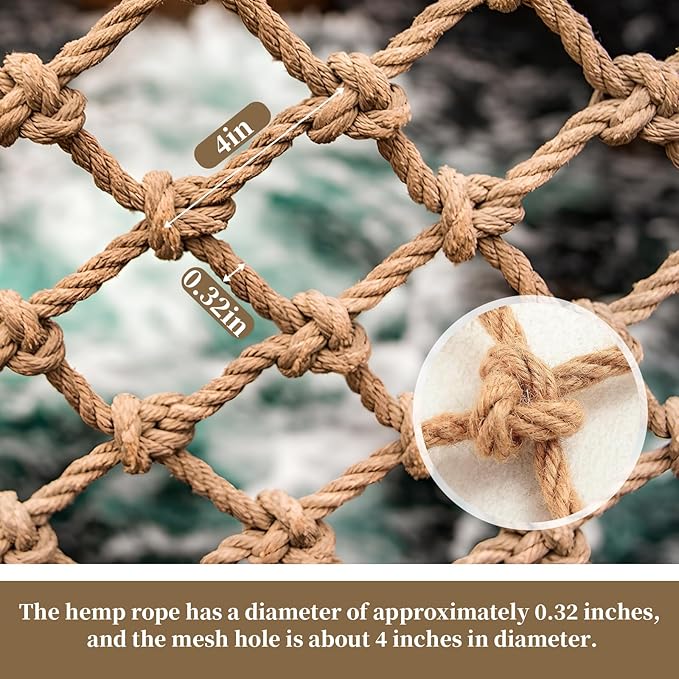 Jute Hemp Rope Net (3ftx9ft), Heavy Duty Natural Climbing Safety Rope Netting Balcony Stairs Fence Garden Playground Protection Net Indoor & Outdoor Decor Rope Net