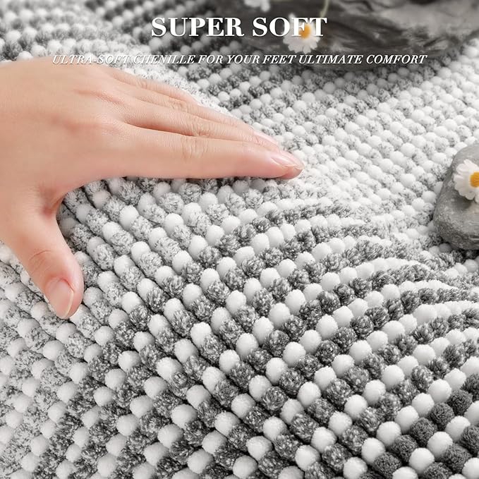 BSICPRO Bathroom Rugs Sets 3 Piece, Toilet Rugs U-Shaped Contour Bath Mat Set, Striped Absorbent Non Slip Chenille Shower Mat, Gray