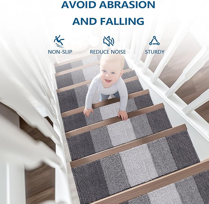 OLANLY Stair Treads Non Slip 15PCS, 8" x 30" Indoor Stair Runners for Wooden Steps, Edging Stair Rugs with Reusable Peel and Stick Adhesive for Kids Elders and Pets, Grey
