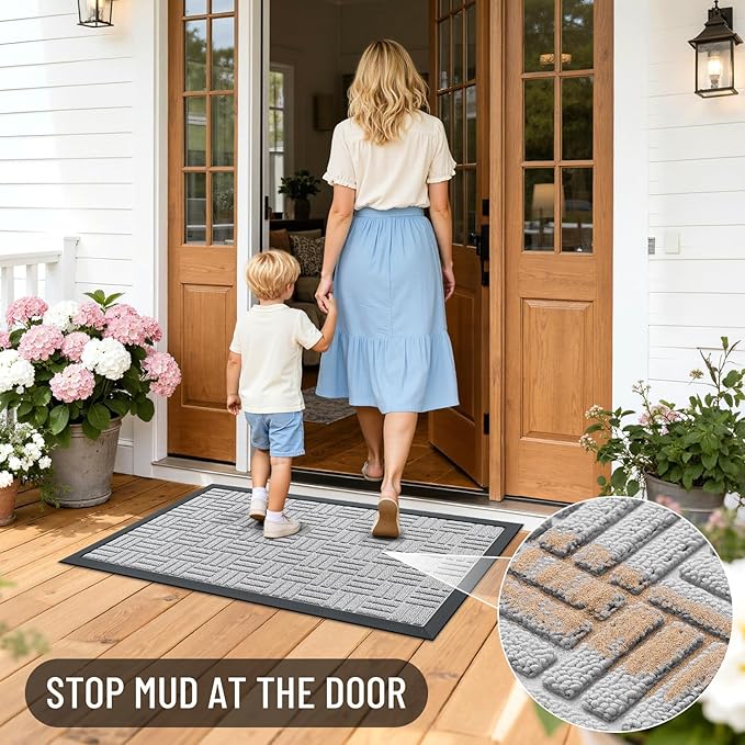 OLANLY Front Door Mat Outside Entrance 47x17, Absorbent, Heavy Duty Sturdy Natural Rubber Doormat Indoor Outdoor, Non-Slip, Stain and Fade Resistant, Low Profile Floor Mat for Entryway, Light Gray