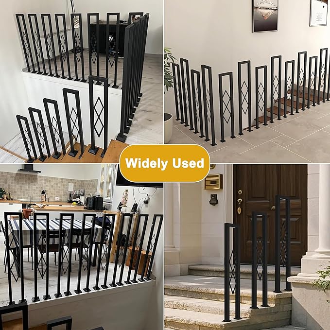U-Shaped Stair Handrail, Black Wrought Iron Hand Rails Decorative Railing for Indoor Stairs, Porch Deck Loft Corridor Safety Non-Slip Support Poles, with Diamond Pattern (3.3FT/100CM)