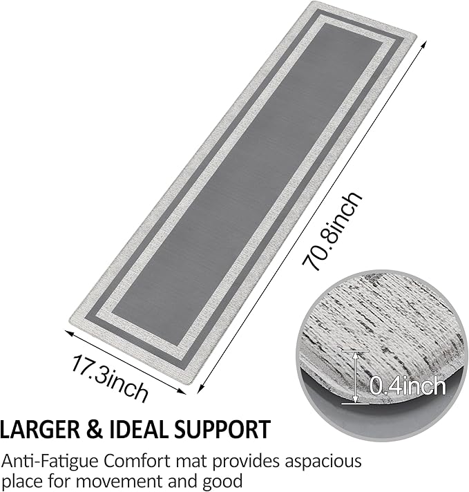 Kitchen Floor Mats Cushioned Anti Fatigue Kitchen Mat Farmhouse Kitchen Runner Rugs Non Slip Waterproof Ergonomic Comfort Standing Mat for Kitchen, Home, Office, Sink, Laundry 17.3"x70.8" Grey
