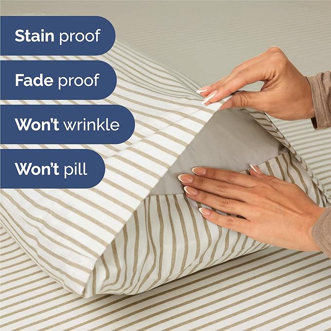 Split King 7 Piece Sheet Set - Cooling & Breathable Bed Sheets - Hotel Luxury Bed Sheets for Women, Men, Kids & Teens - Deep Pockets - Easy Fit - Soft & Wrinkle Free - Split King Beige Stripes Sheets