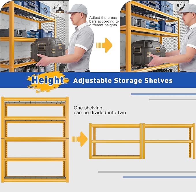 REIBII Storage Shelves 40''W Garage Shelving Heavy Duty Metal Shelving 2000LBS Metal Shelves 5 Tier Industrial Shelf for Kitchen Pantry Warehouse Basement 72" H x 40''W x 17.8''D Yellow, 2 Pack