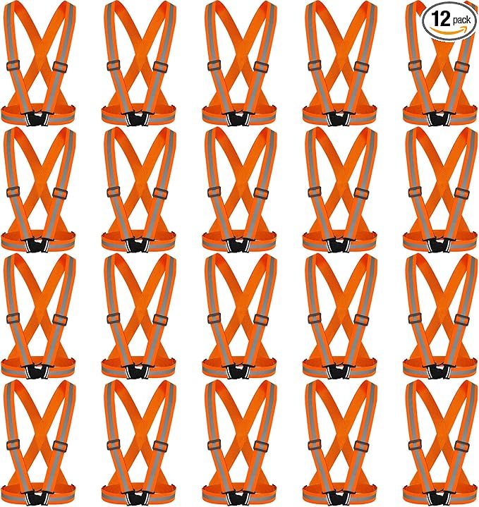 Hercicy 12 Pcs Reflective Vest High Visibility Safety Vests, Adjustable Running Gear Straps Lightweight Reflector for Construction (Orange)