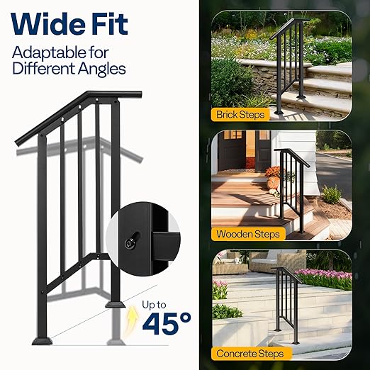 VIVOHOME 2-Pack 2 Step Galvanized Steel Hand Rails for Outdoor Steps – Black Oval and Safety Balusters Exterior Railing for Porch, Deck, or Indoor Stairs, Complete Installation Kit