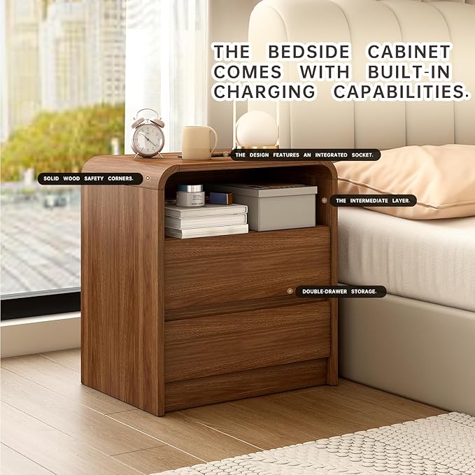 Walnut Nightstand Set of 2 with Charging Station, 21 Inch Wide Night Stand with Drawers, Modern Bedroom Bedside End Table with Round Corners Anti-Collision Design for Dorm, Sofa, Office