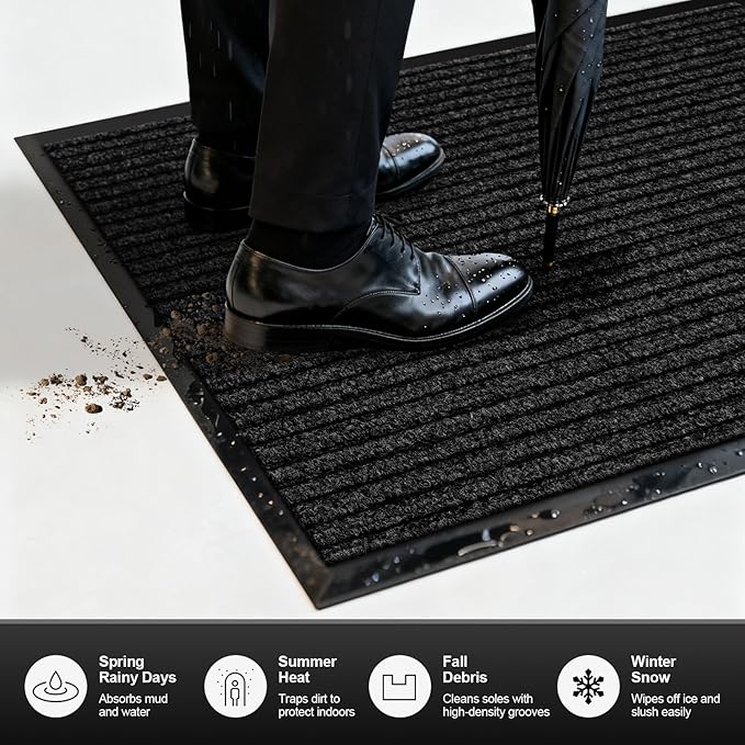 Non-Slip Waterproof Rubber Door Mat, 3' x 5' Commercial Floor Mat for High Traffic Areas, Easy Clean Low Profile, for Entrance, Indoor/Outdoor, Office, Patio, Garage