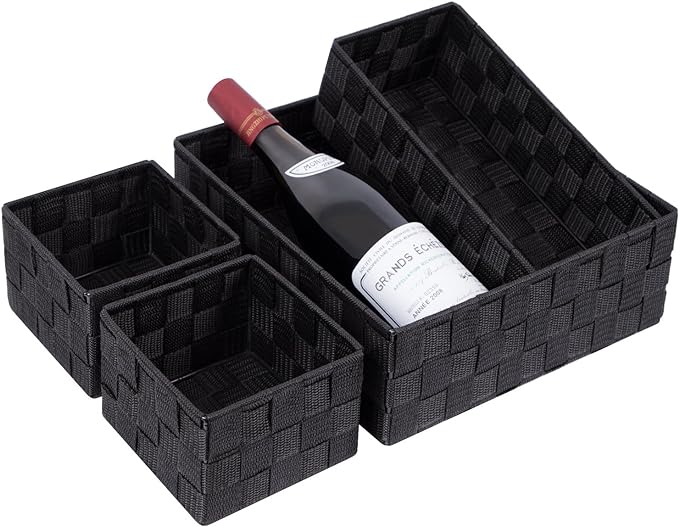 Posprica Woven Storage Baskets for Organizing, Small Black Baskets Cube Bin Container Tote Organizer Divider for Drawer, Closet, Shelf, Dresser, Set of 4