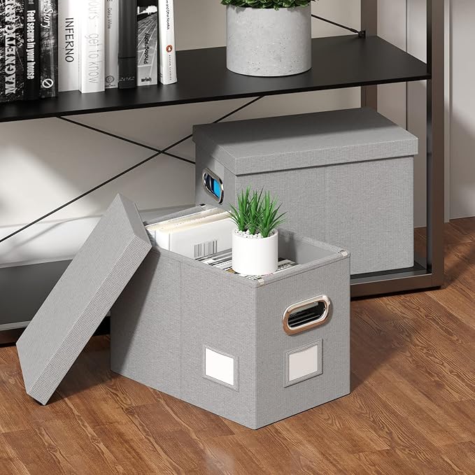 Hanging File Box with Lid, Set of 2 Filing Organizer Storage Box, Linen Collapsible Decorative Office/Home File Cabinet (14x9.3x10.9 inch) (Gray)