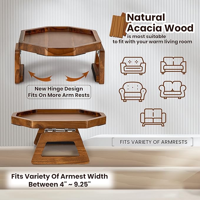 Tinamo Octagonal Acacia Sofa Arm Tray, Couch Armrest Table with Folding Arms - Armchair Caddy, Clip on Tray with Adjustable Arm Hinges for Home Sofa Living Room (Acacia, Octagon)