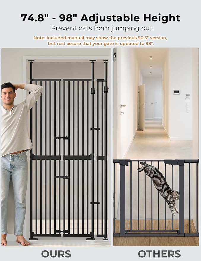 Extra Tall Cat Gate for Doorway: Sprouterie 74.8"-98" Pressure Mount Tall Cat Gates for Pet 30.3"-38.2" Wide Black Wall Drilling for Indoor Stairs Doorway Room Door Safety No Barrier