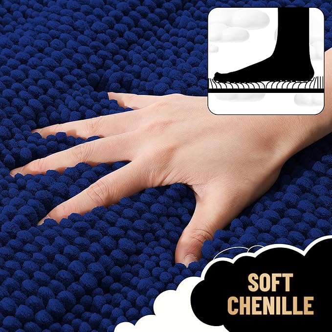 OLANLY Thick Bathroom Rugs 24x16, Extra Soft Absorbent Chenille Striped Bath Rugs, Rubber Backing, Machine Wash Dry, Bath Mats for Bathroom Floor, Tub and Shower, Home Decor Accessories, Navy
